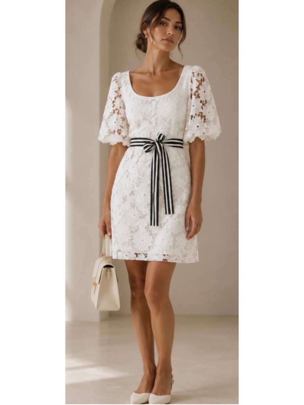 Zimmermann White Floral Lace Mini Dress with Black Striped Belt, Size 3/L/10-12